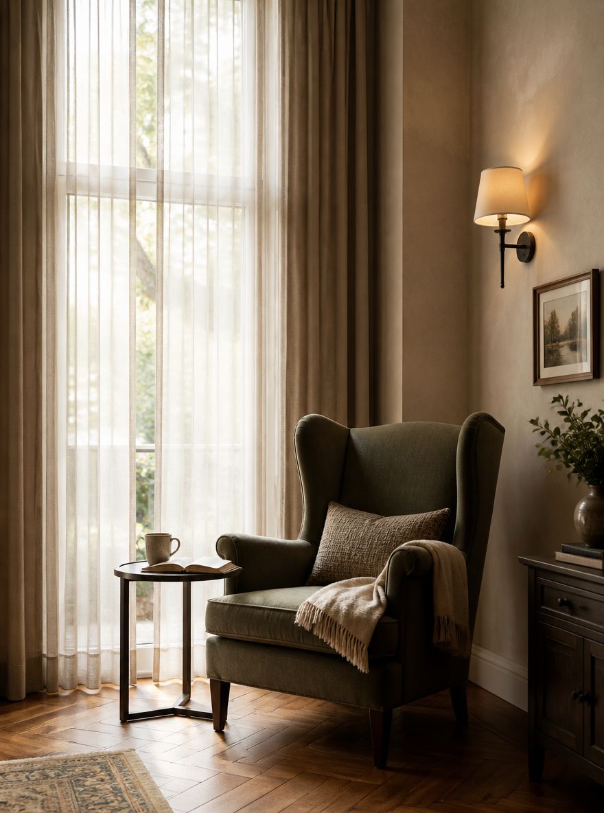 Wingback chair angled toward window and room