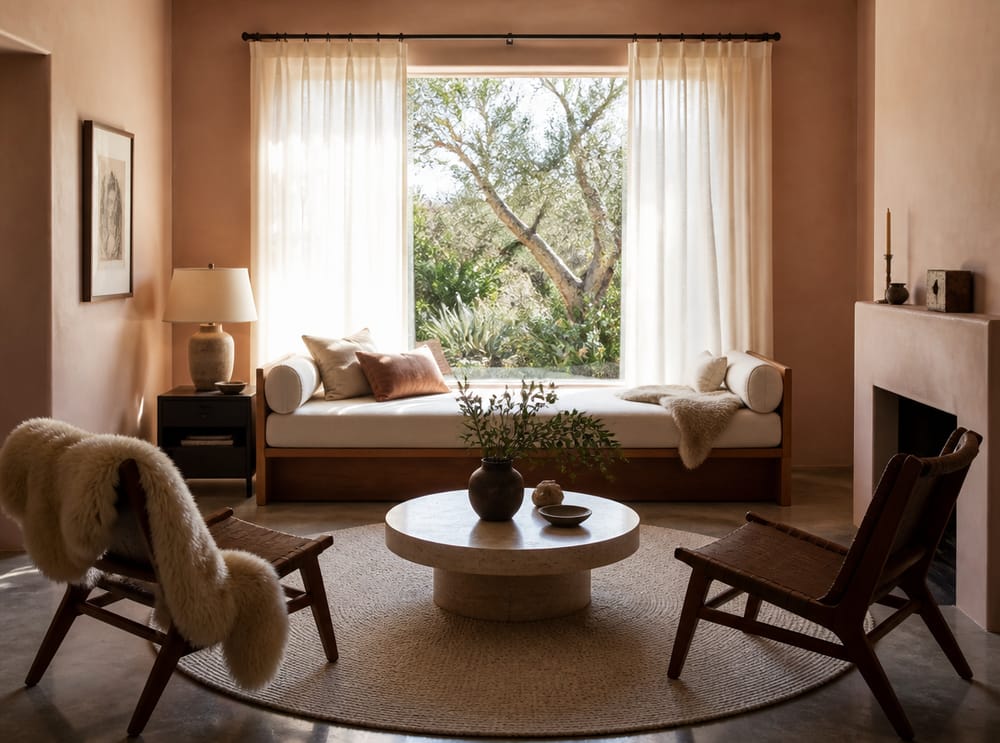 Daybed under picture window, lounge chairs opposite