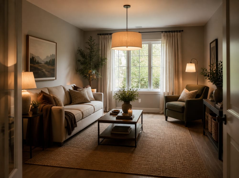 Accent chair diagonal in corner, pendant overhead