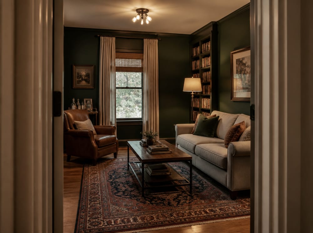 Bookshelf beside sofa, armchair angled across