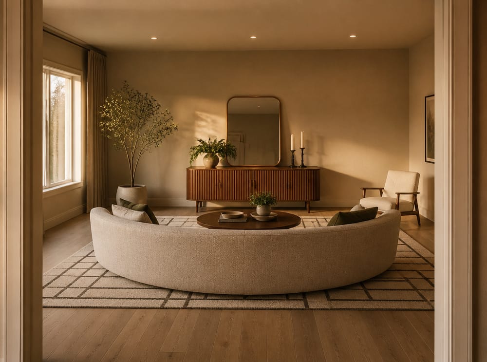 Curved sofa floats in room center, credenza opposite