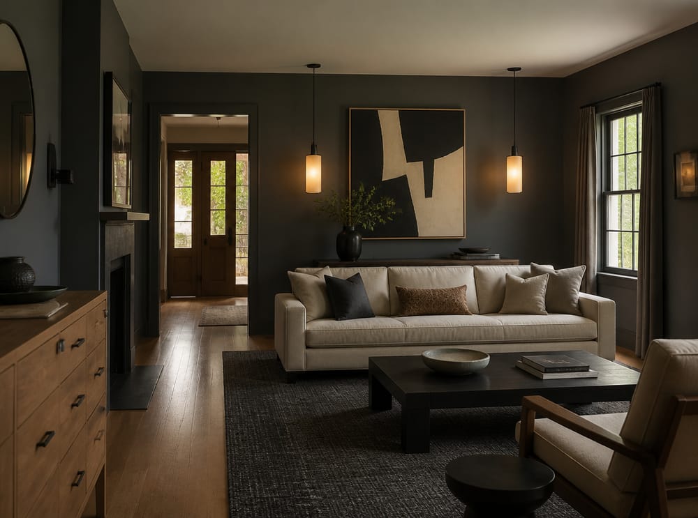 Console behind sofa, twin pendants overhead