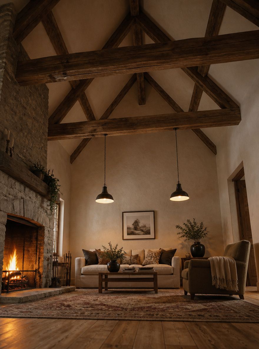 Exposed beams above sofa, pendants hang from them