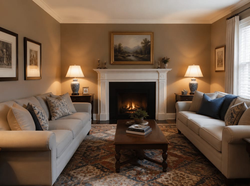 Two sofas perpendicular to lit fireplace