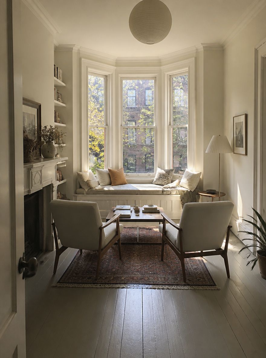 Window seat in bay, chairs pulled to face it
