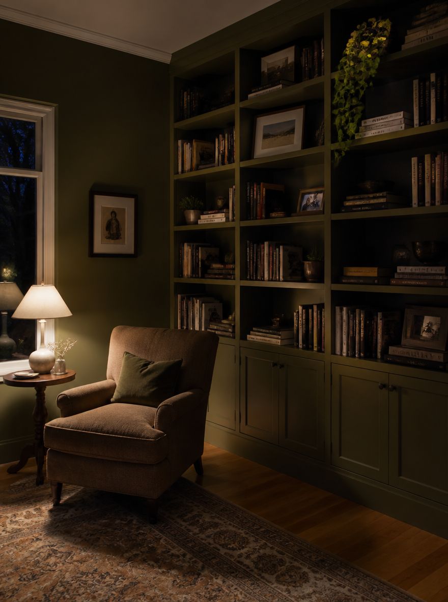Armchair pulled from floor-to-ceiling shelves
