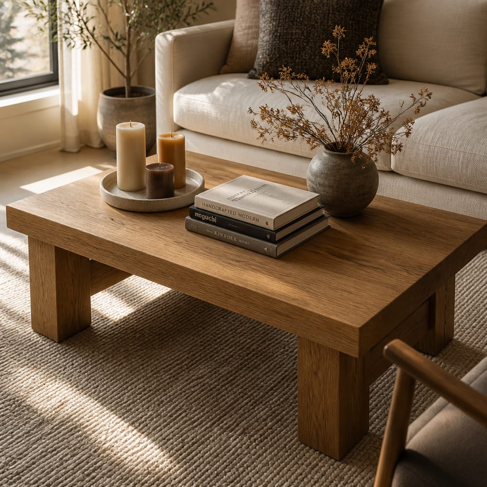 Coffee table styled with tray, books, dried stems