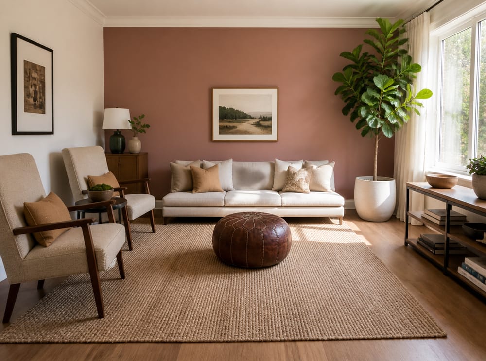 Mixed seating heights, pouffe at center of rug