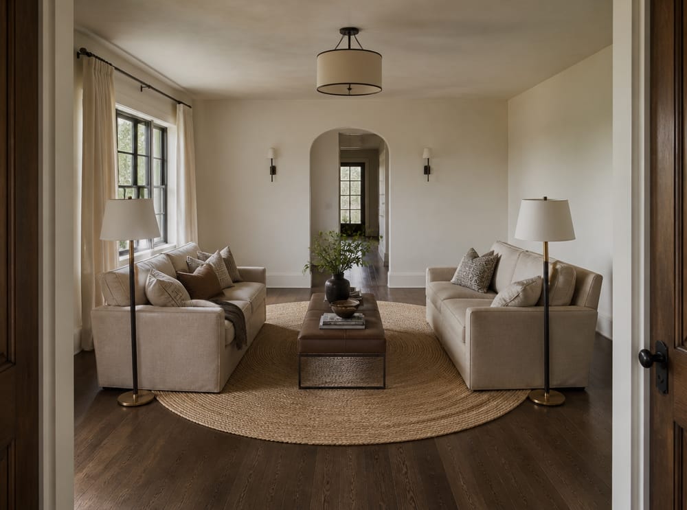 All seating floated from walls, rug anchors zone