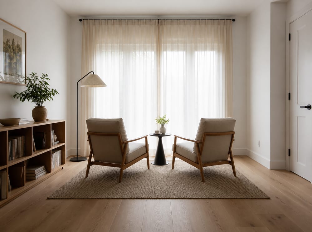 Two chairs side by side facing the window