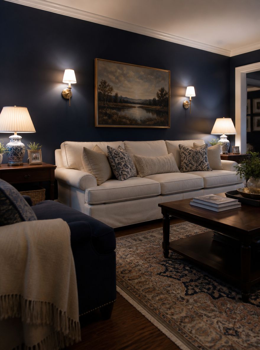 Cream sofa against deep navy wall, sconces flanking art