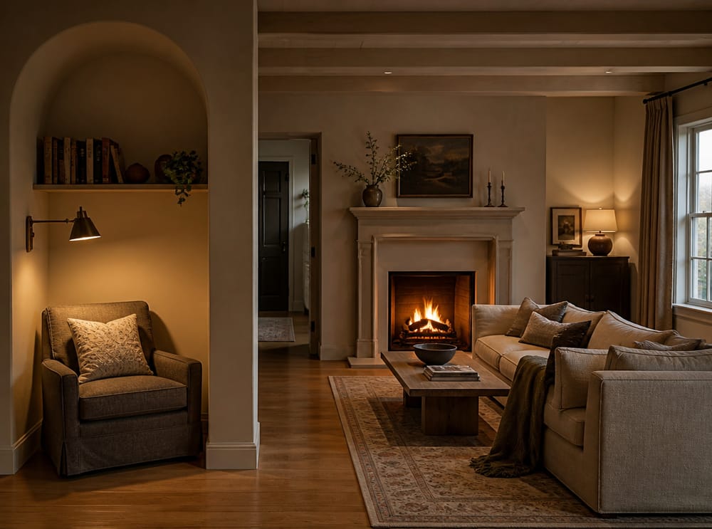 Reading alcove beside main fireplace seating area