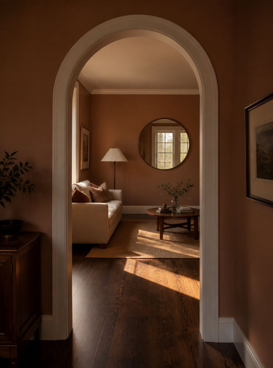 Arched doorway frames sofa and round mirror