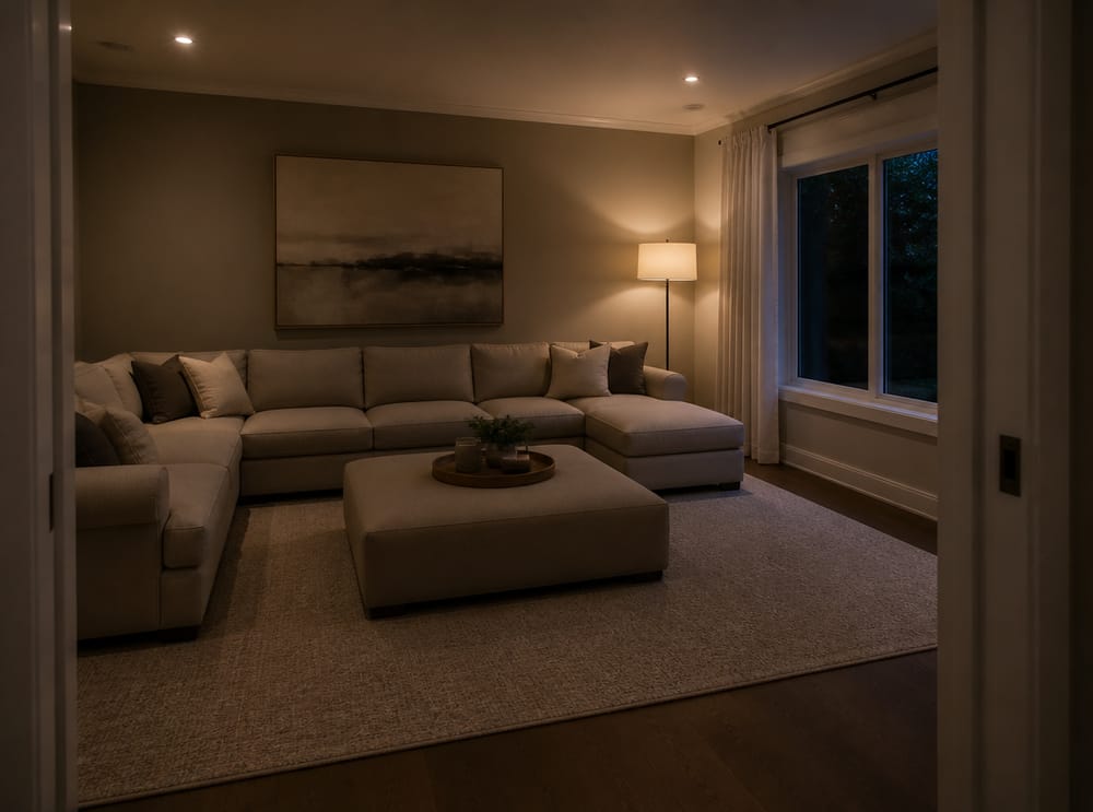 Sectional wraps two walls, chaise toward window