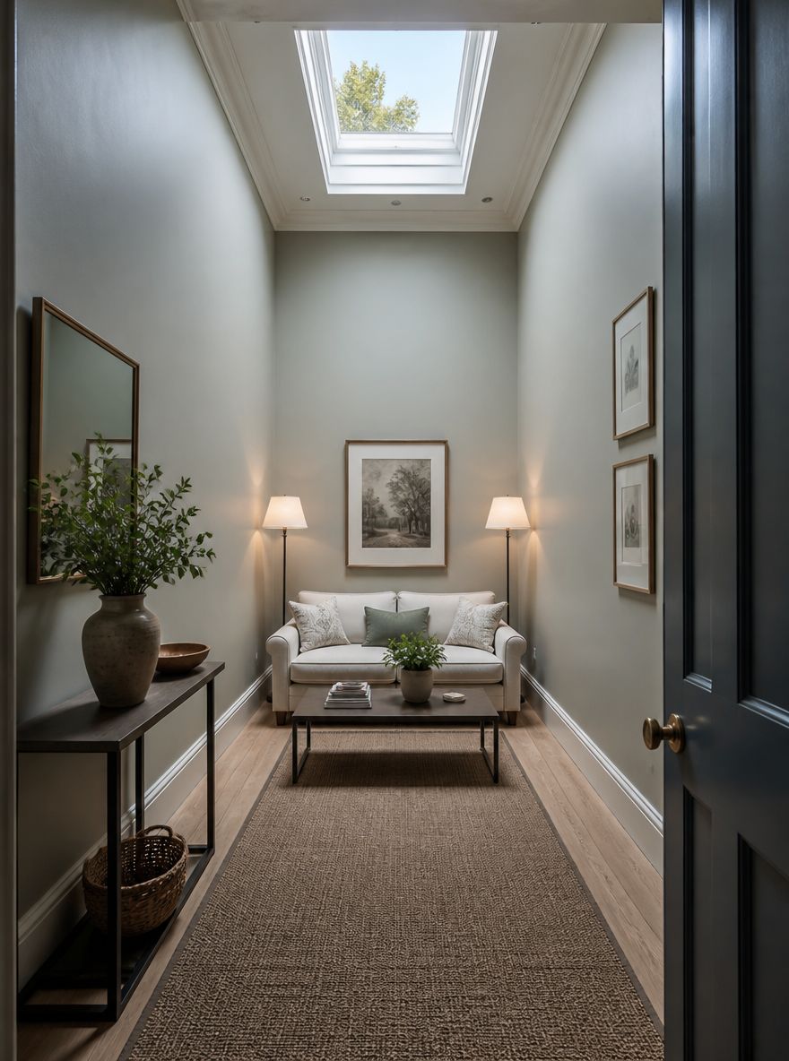 Runner rug leads eye to sofa at room's end
