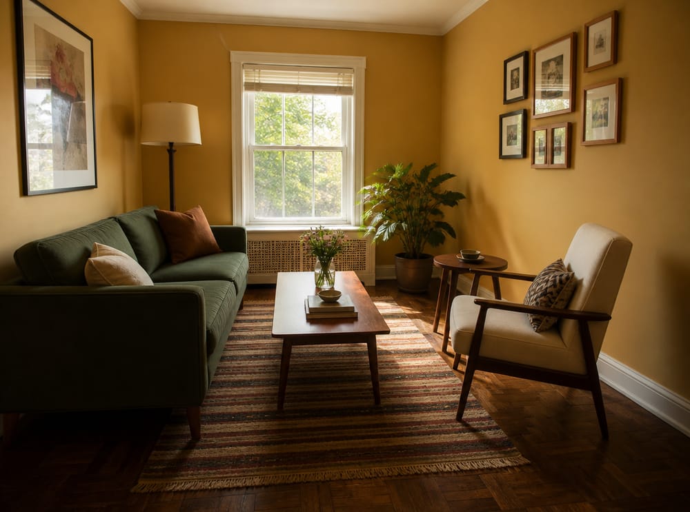 Ochre walls, armchair faces sofa across side table