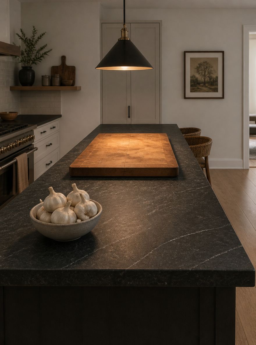 Isla de soapstone con bol de ajos y tabla de cortar