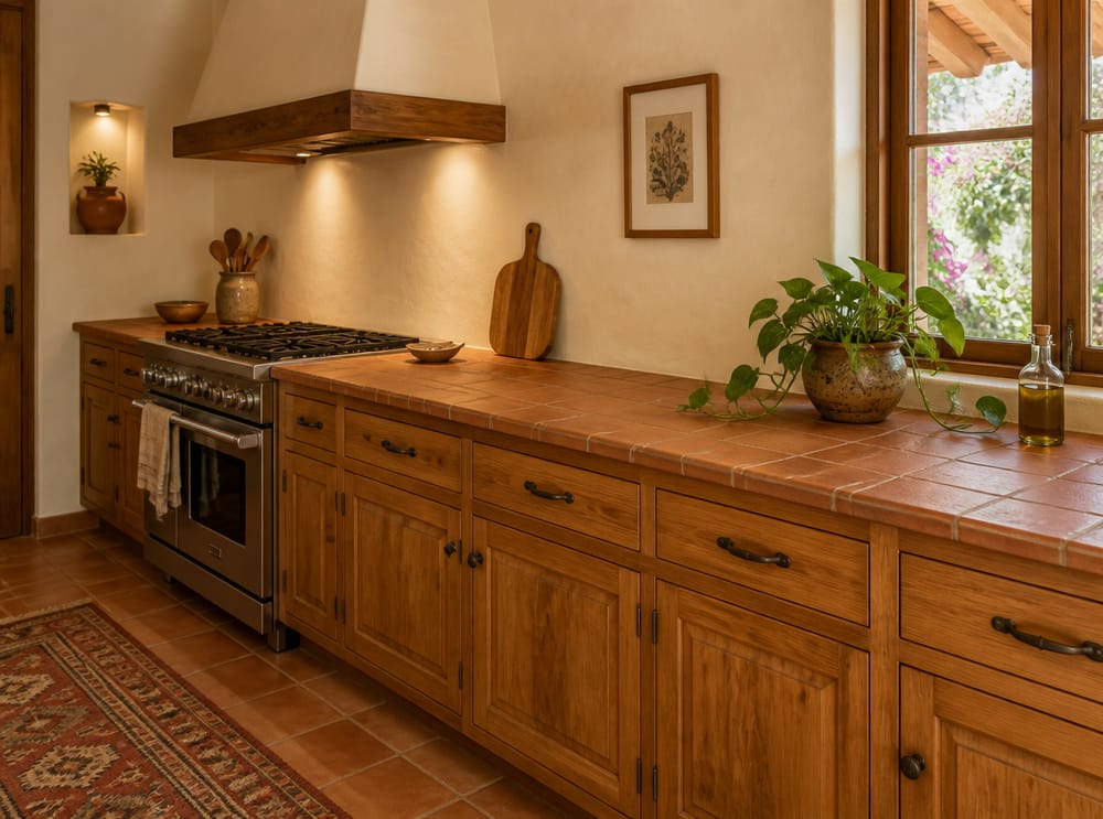 Encimera de azulejos con tabla de madera de olivo y pothos colgante