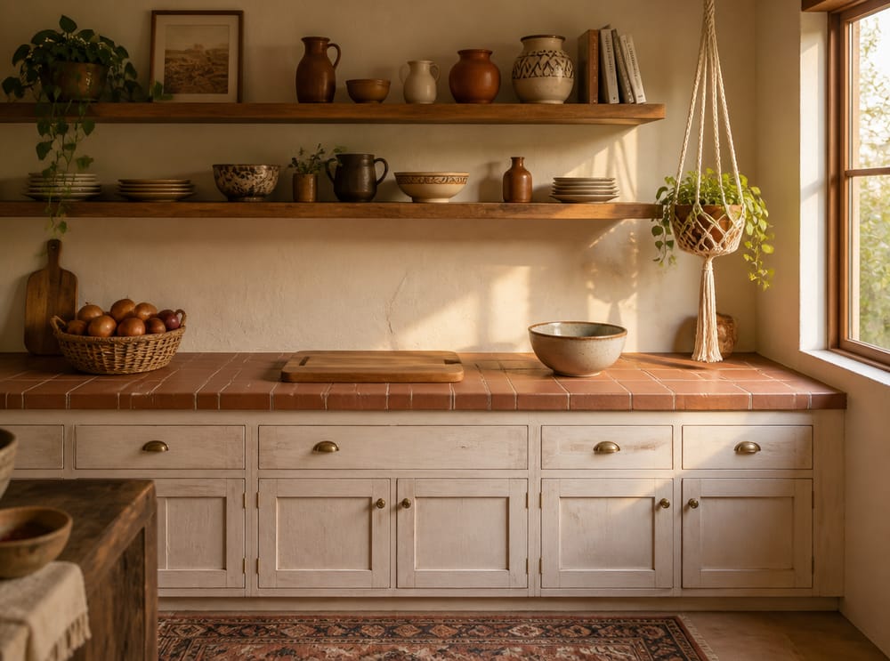 Encimera de azulejos terracota con canasta tejida y planta colgante