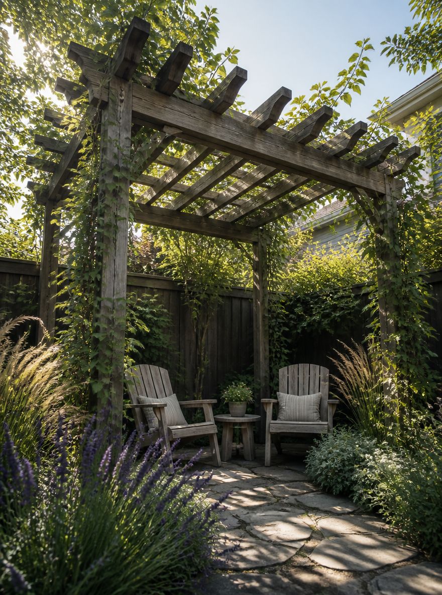 Angolo pergola con zona seduta ombreggiata sottostante
