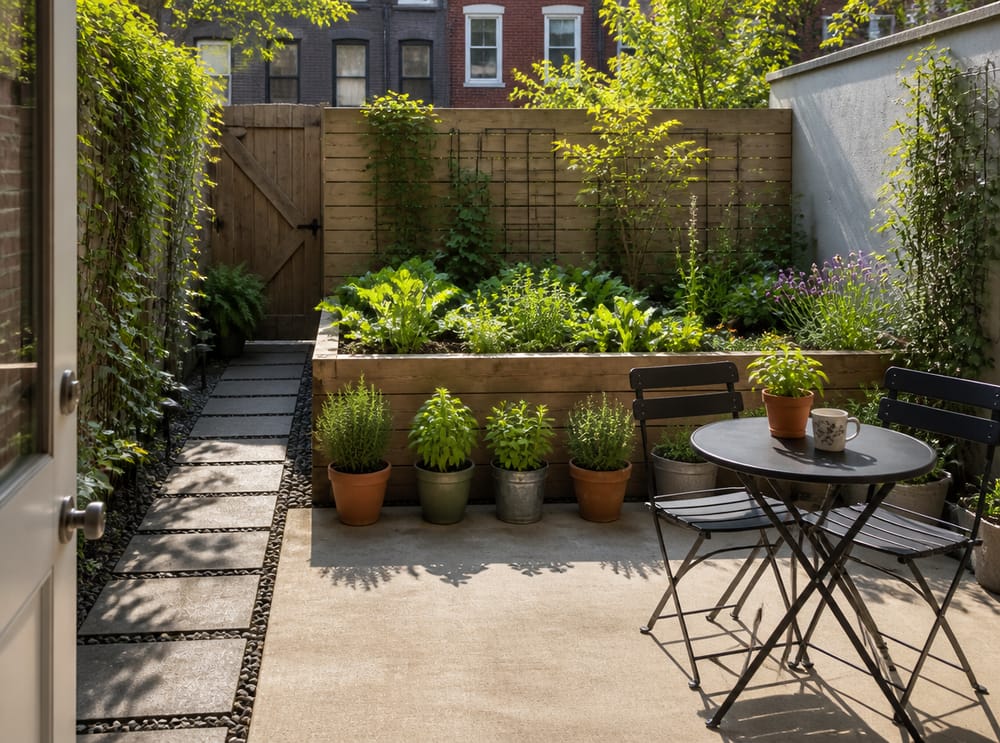 Giardino urbano compatto con tavolo bistro e letto rialzato