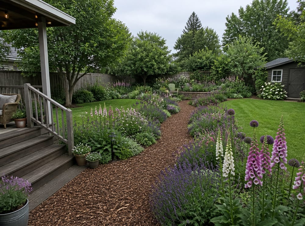 Sentiero di pacciame serpeggiante tra bordure stile cottage
