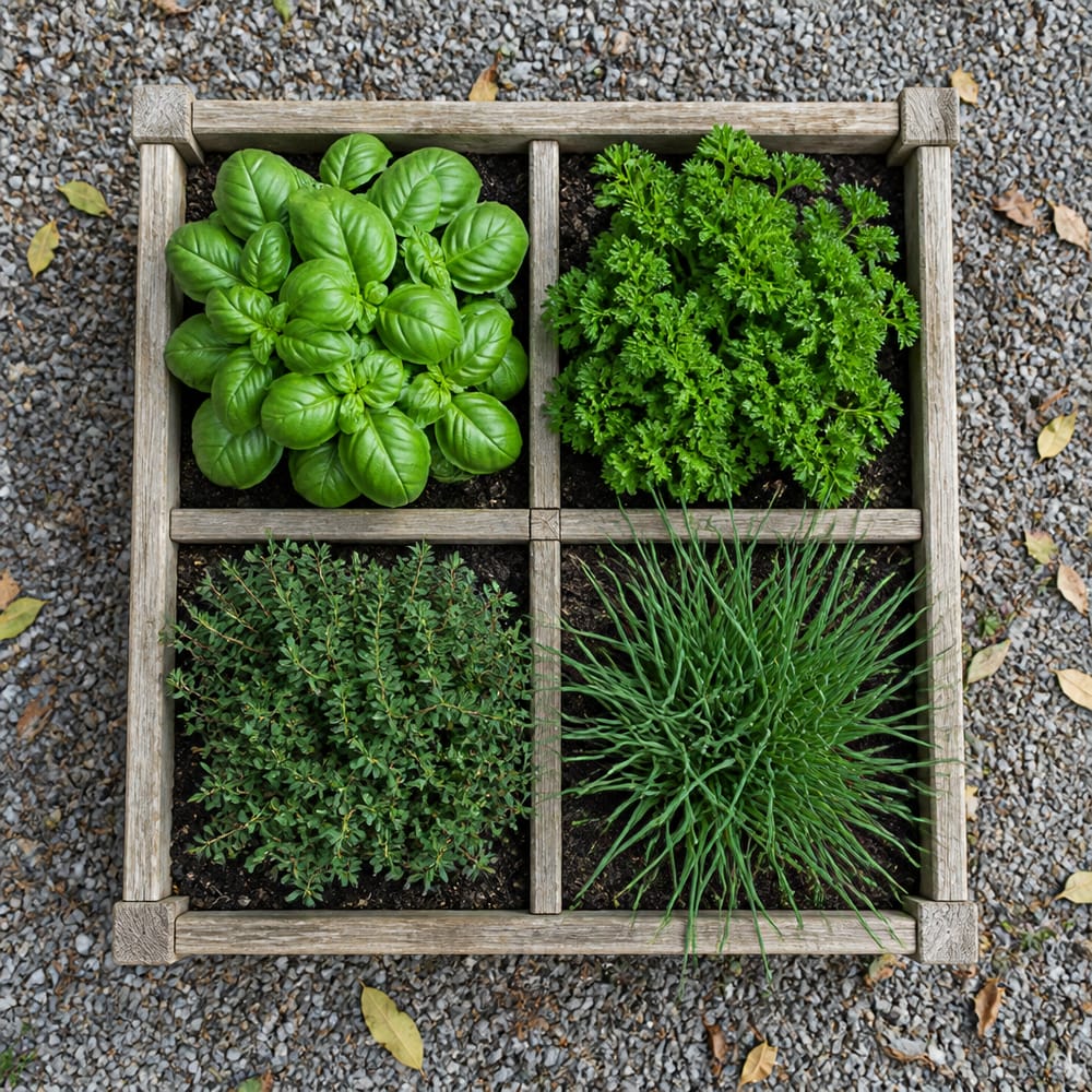 Vista dall’alto di letto aromatico suddiviso in quattro sezioni