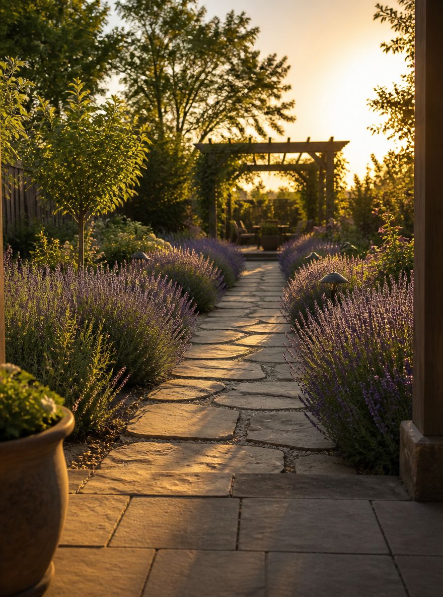 Sentiero di pietre contornato da lavanda verso la pergola
