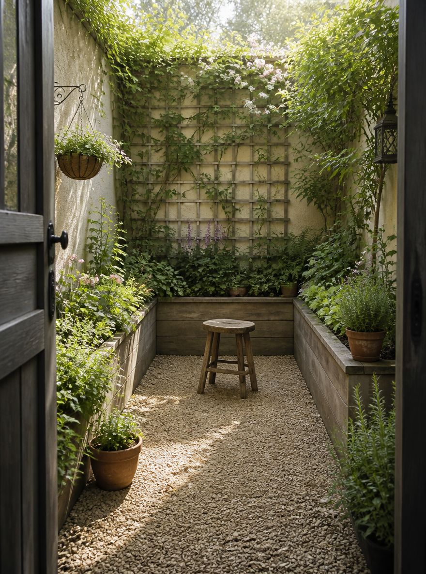 Giardino sul retro chiuso con letti su tre lati