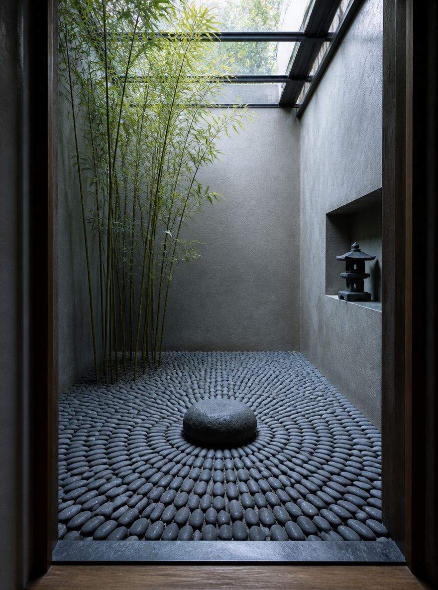 Jardín interior de guijarros con bambú bajo techo de cristal