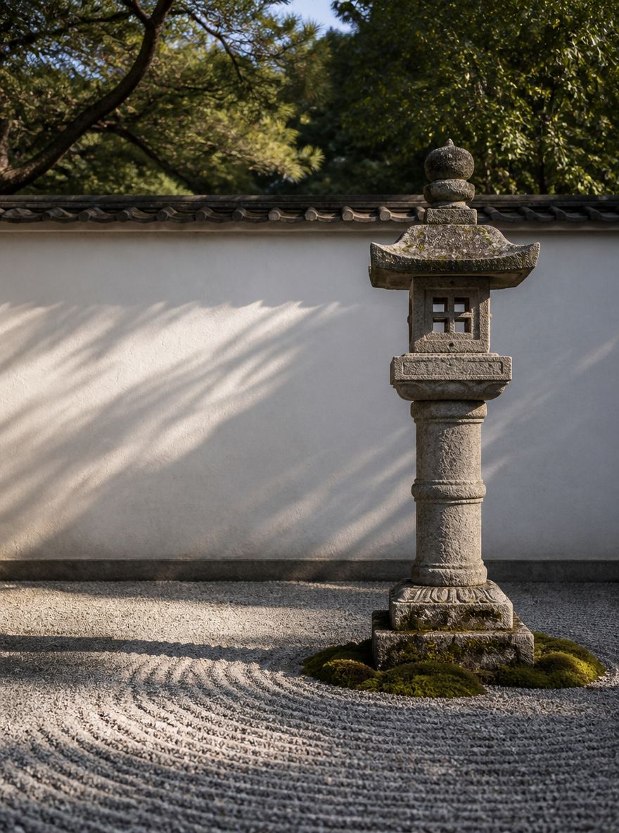 Pagoda de piedra alta proyectando sombra larga sobre la grava