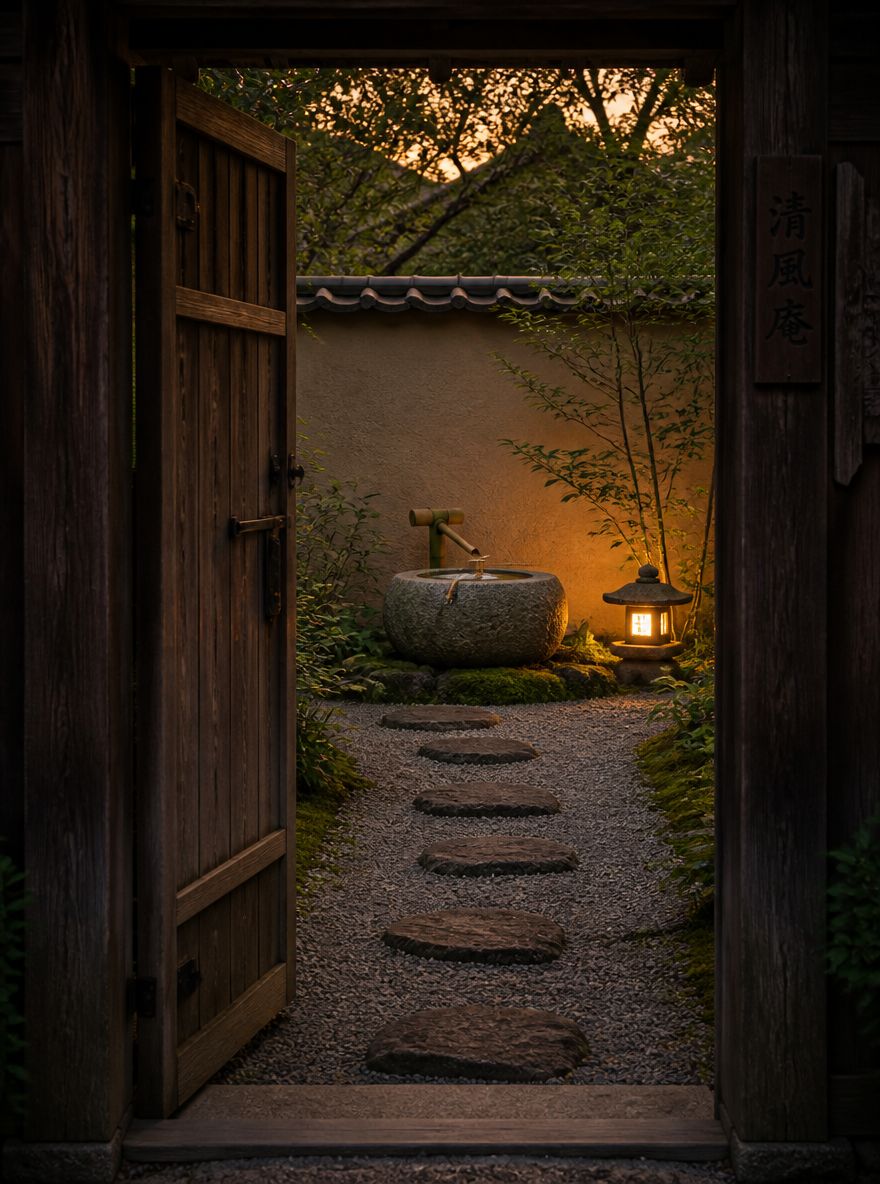 Fuente tsukubai vista a través de un portón de madera