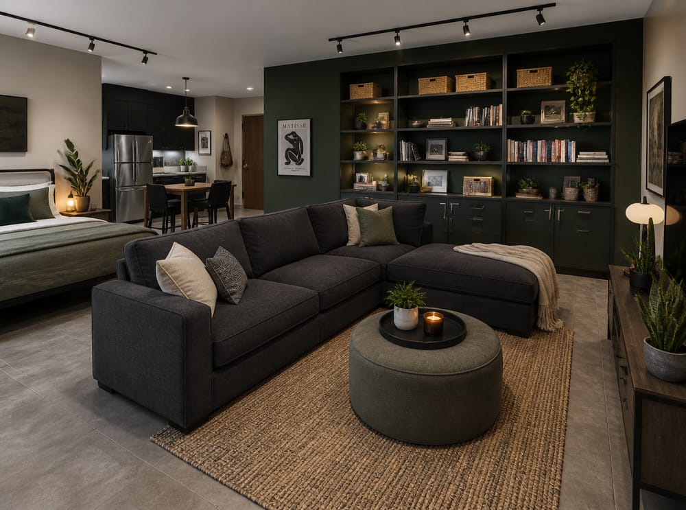 Divano angolare a L che definisce la zona in uno studio open-space