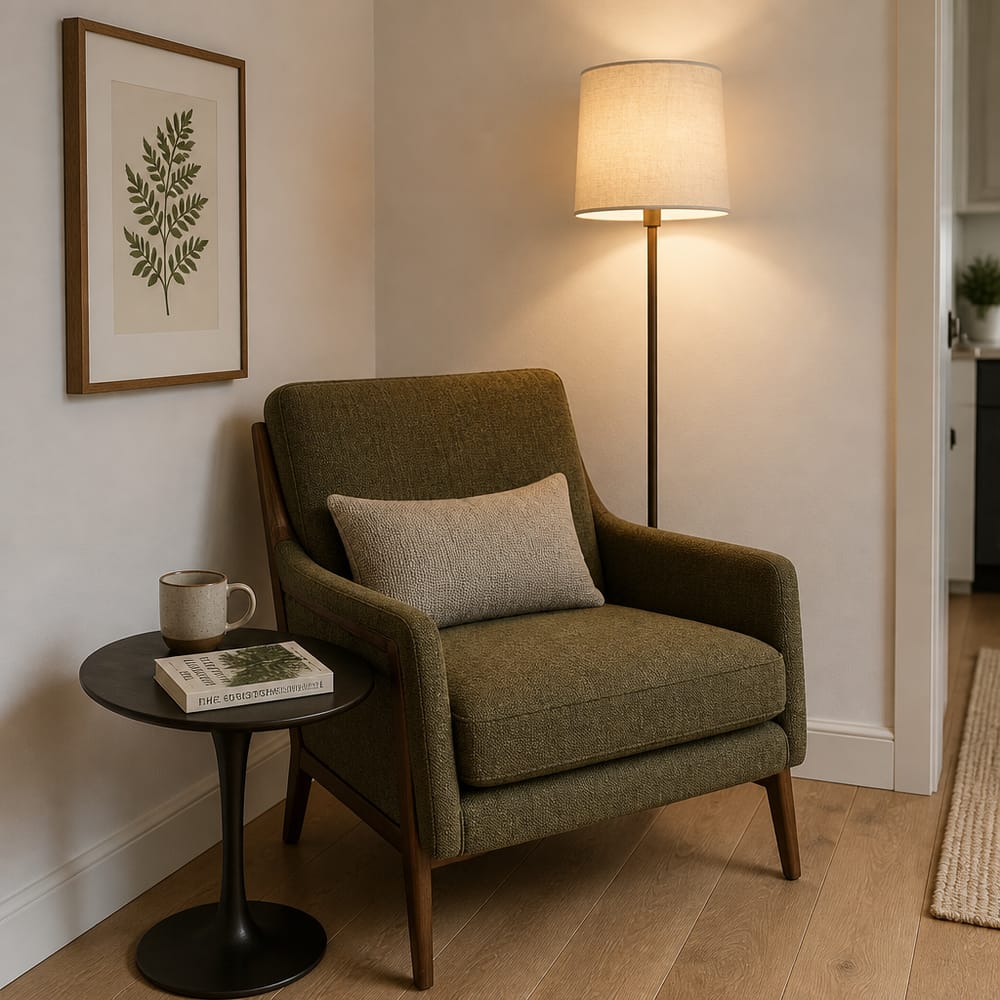 Angolo poltrona verde oliva con lampada da terra e tavolino