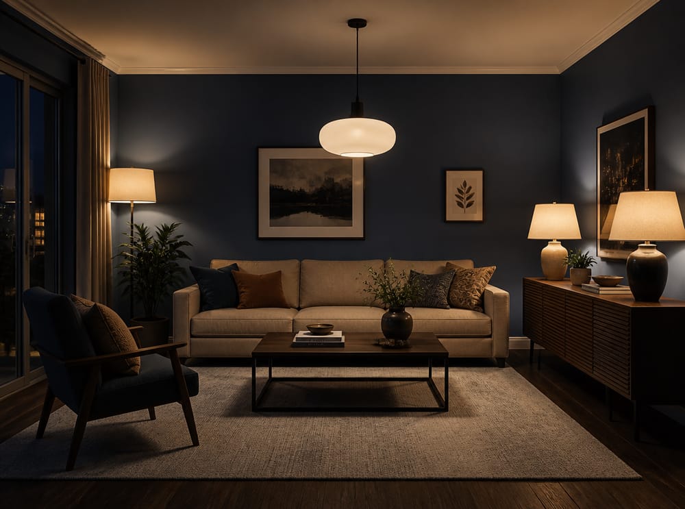 Illuminazione stratificata serale in stanza con pareti blu scuro