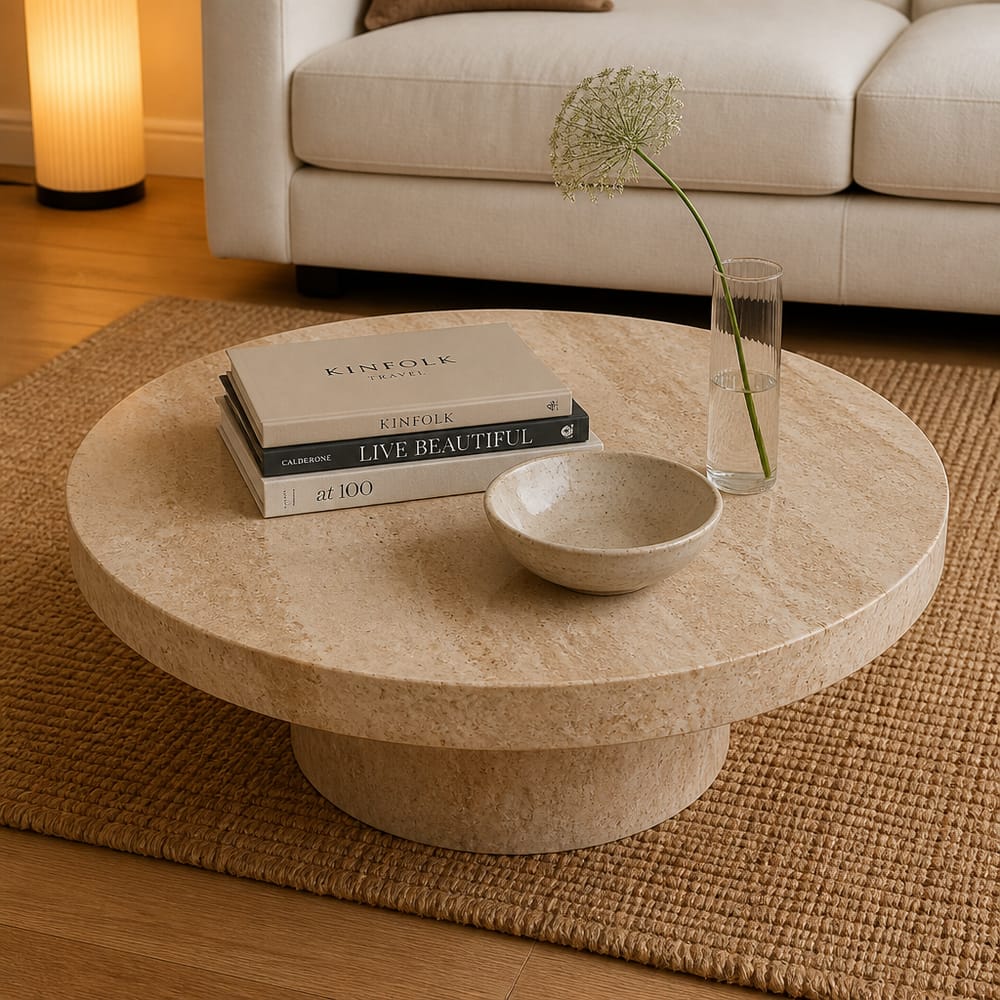 Tavolino in travertino con superficie decorata con cura