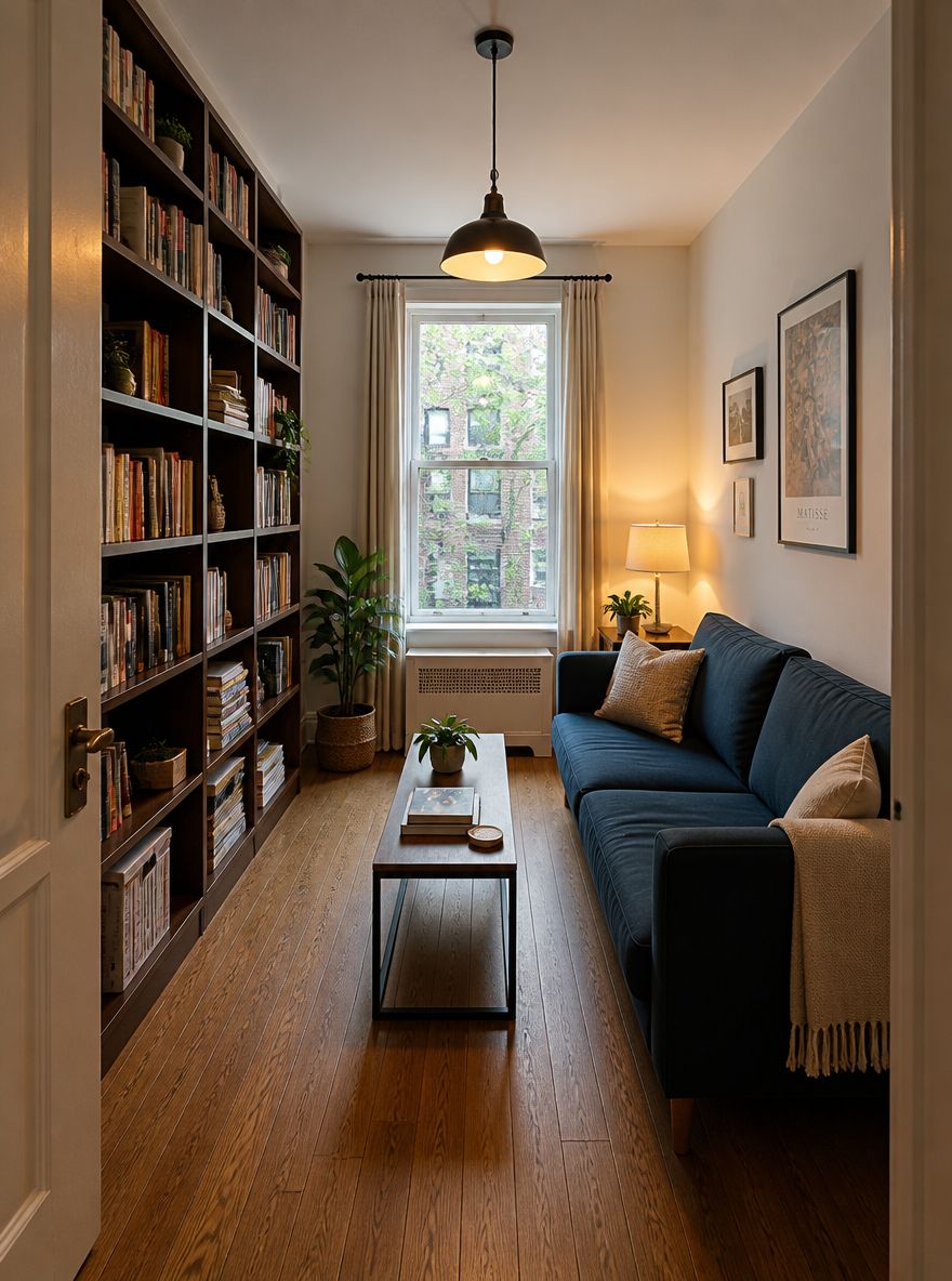 Stanza stretta con libreria alta lungo una parete