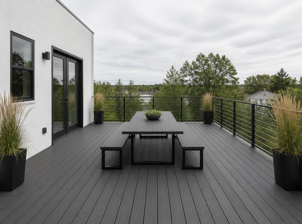 Deck minimalista color carbone con tavolo panca