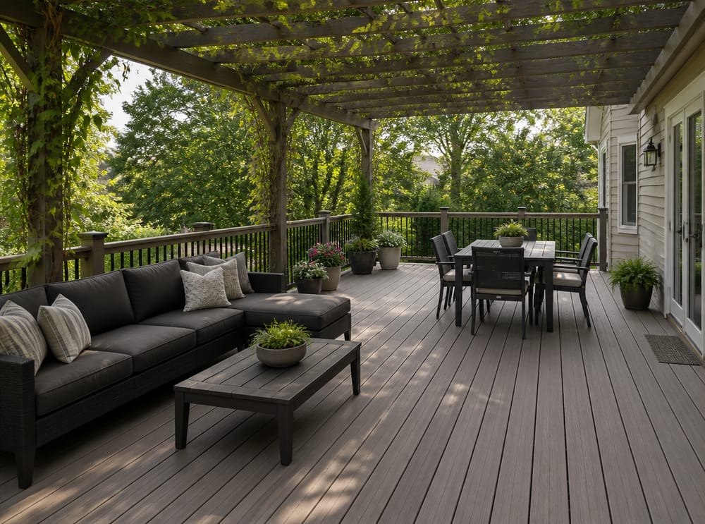 Pergola che ombreggia zona divano e zona pranzo