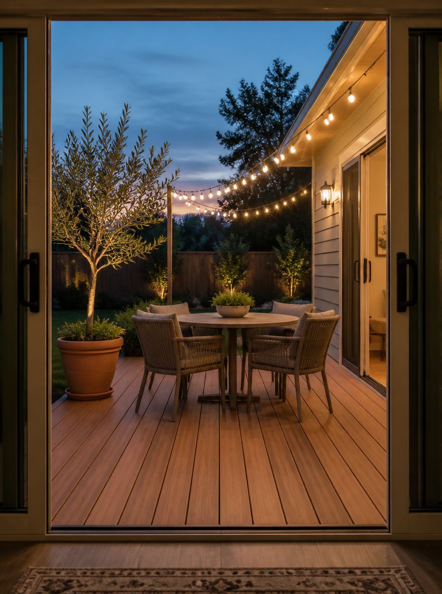 Porta che incornicia il deck con tavolo da pranzo rotondo