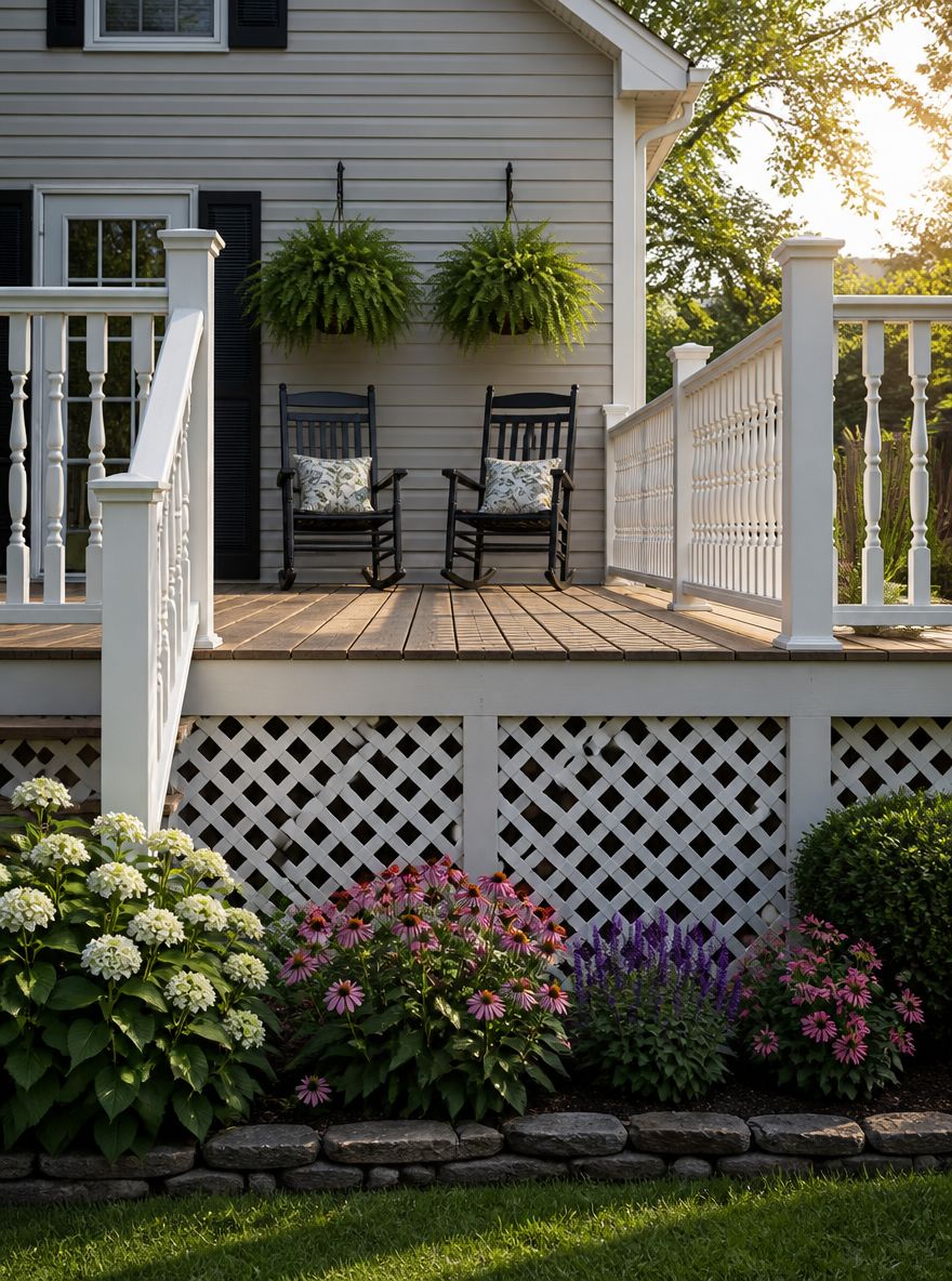 Deck in cedro rialzato con dondoli e rivestimento a griglia
