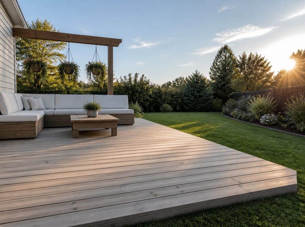 Deck a livello del terreno in continuità con il prato