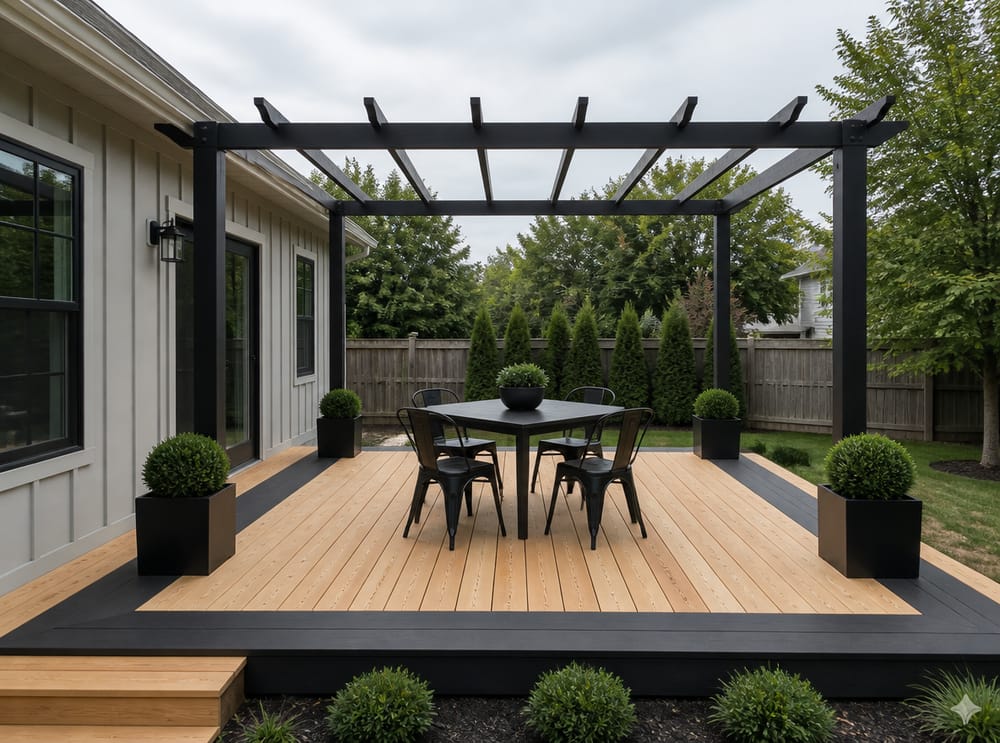 Deck con bordo in cedro e materiale composito e pergola nera
