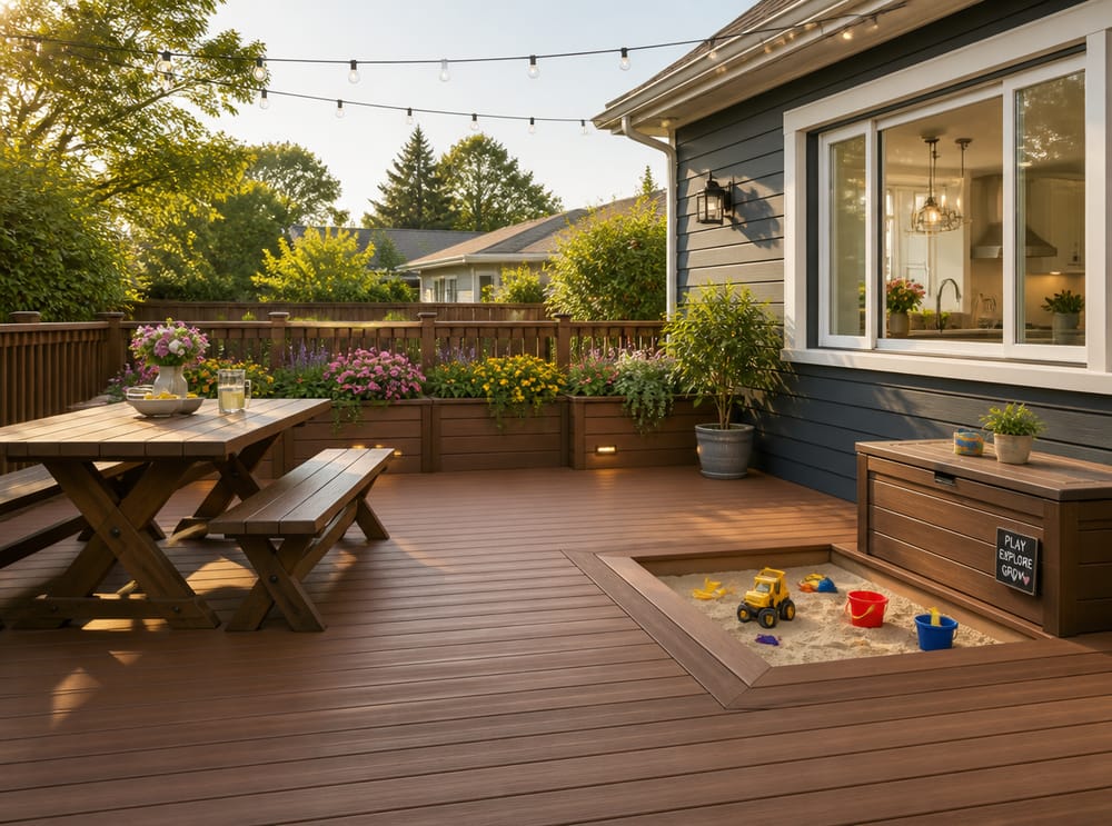 Deck familiare con tavolo picnic e sabbiera integrata