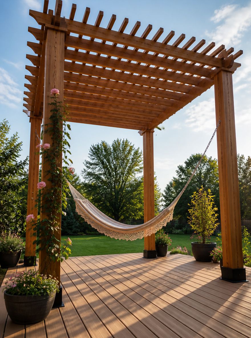 Pergola in cedro con amaca e rose rampicanti