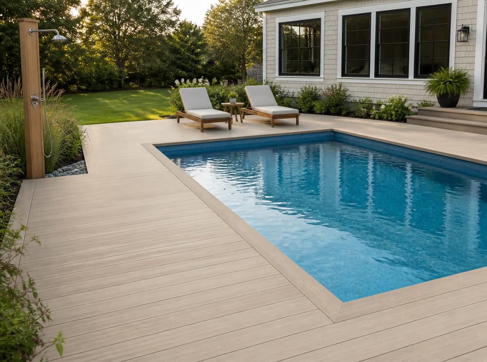 Deck in composito intorno alla piscina con lettini in teak