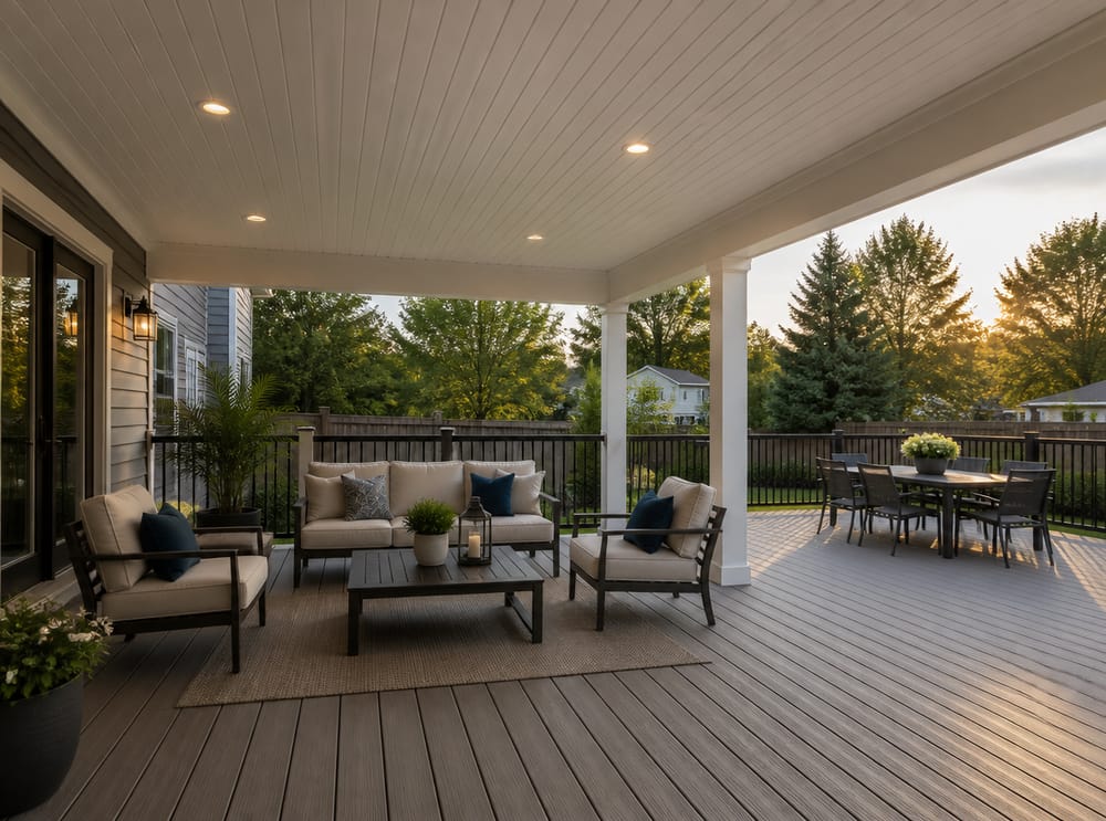 Soffitto coperto del deck che si apre sulla zona pranzo soleggiata