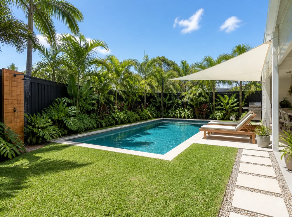Piscina rectangular con tumbonas de teca bajo toldo vela