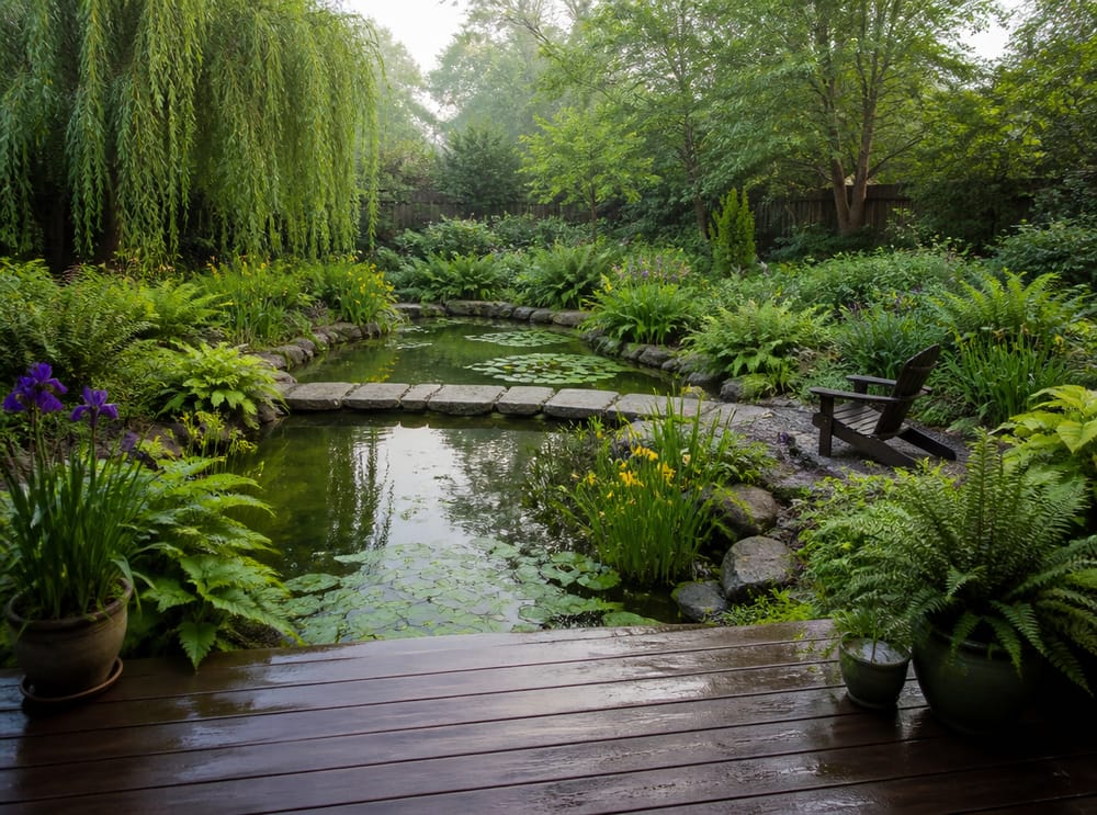 Estanque estilo naturalista con puente de piedras planas