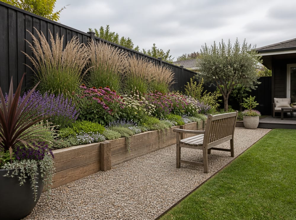Parterre en capas con sendero de grava y banco